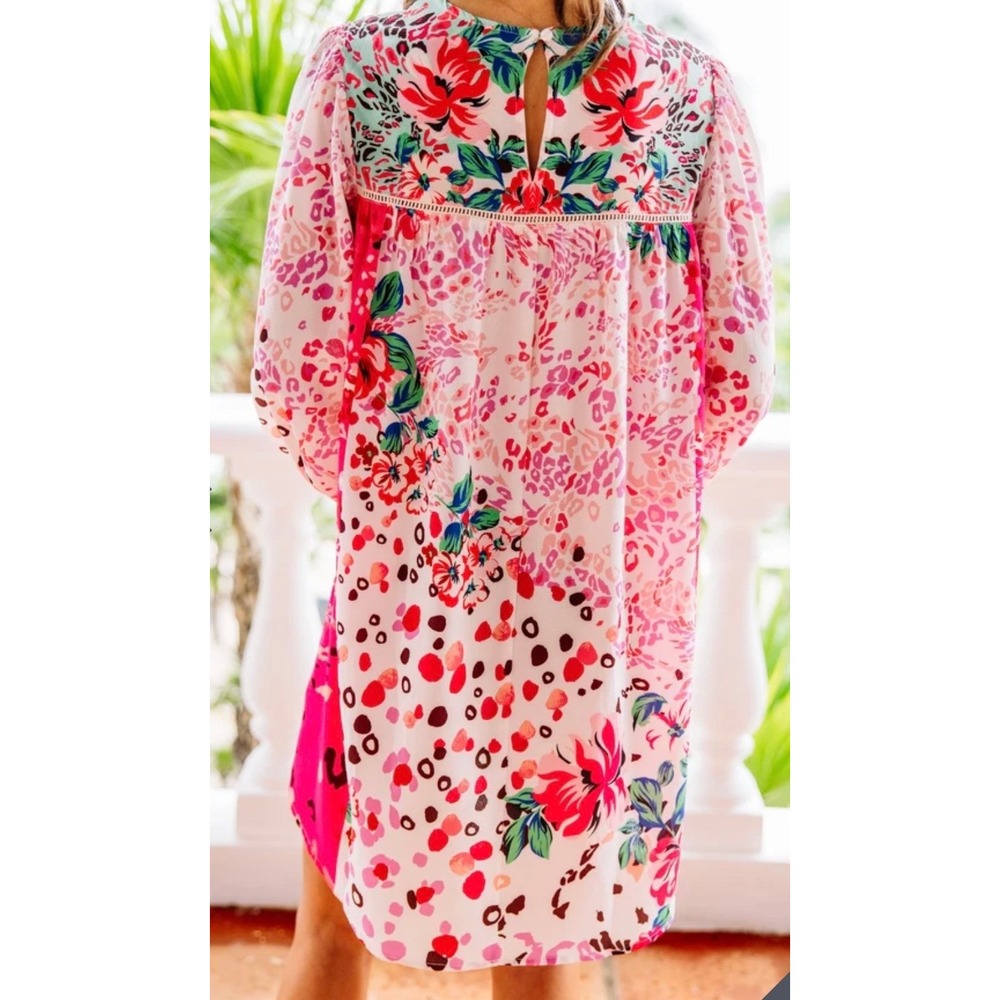 NWT Boutique Umgee Mixed Floral Leopard Print Lace Trim Shift Dress Pink Medium - Picture 2 of 9